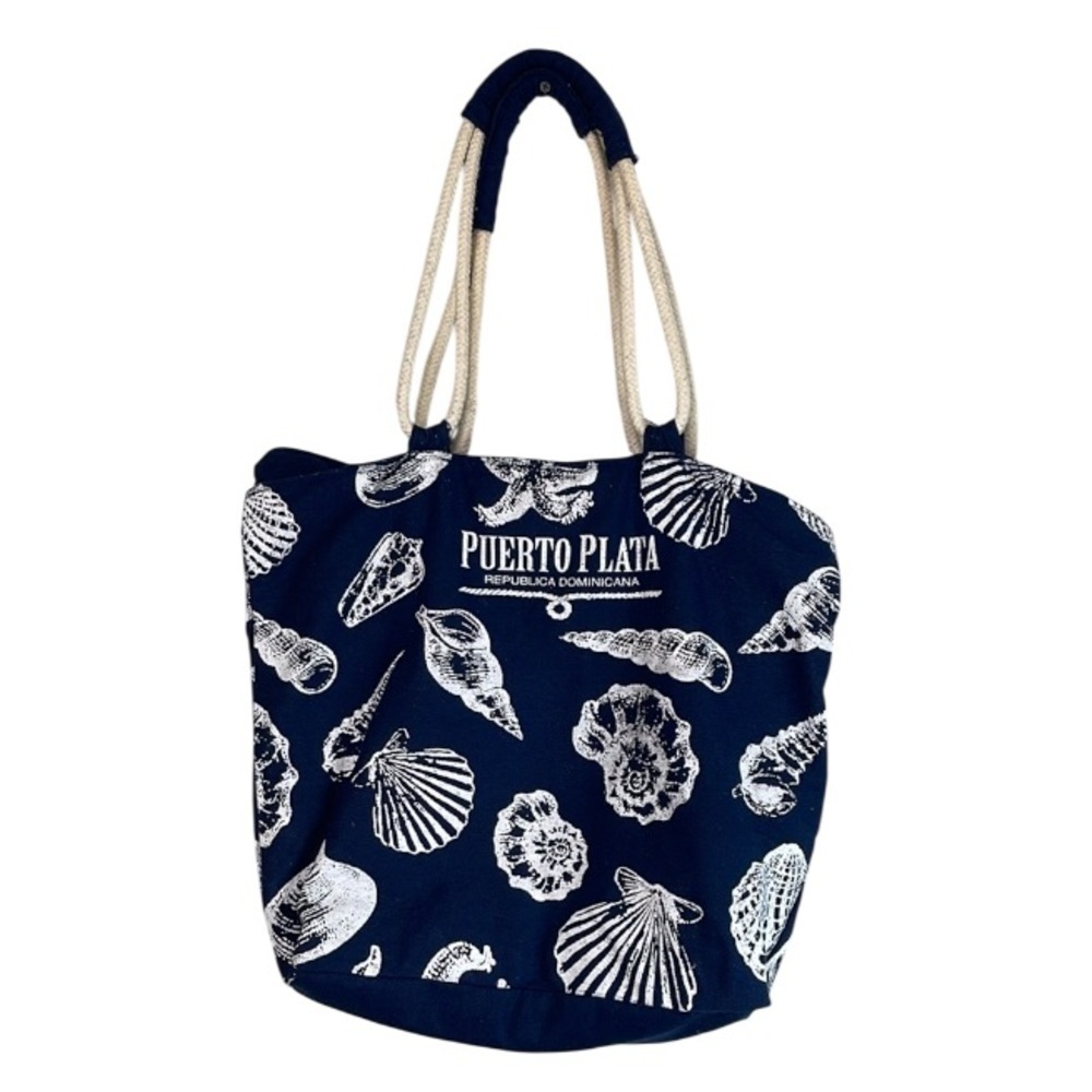 Puerto Plata DR Seashell Canvas Tote Beach Bag Rope Handles Navy Blue Zipper